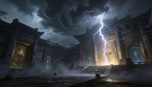 Lightning illuminating gilded temple doors and rune-glowing courtyard under stormy sky