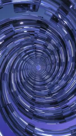 Rotating Metallic Spiral Tunnel Creating Abstract Blue Glossy Vortex Vertical Video