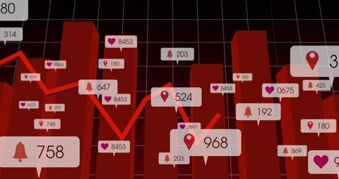 Red 3D Data Visualization Showing Bar Chart, Line Trend and Social Metric Callouts