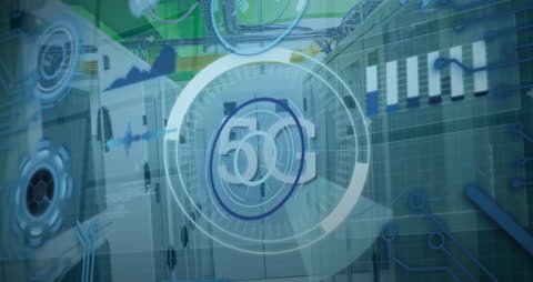 5G Technology Panning in Server Room with Data Processing Visuals
