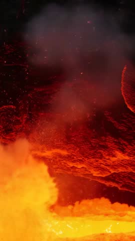 Vertical volcanic eruption: bubbling lava ejecting fragments and billowing steam