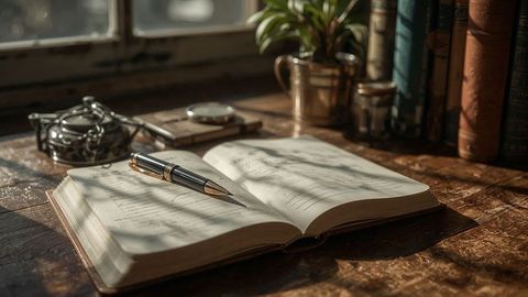Vintage Workspace with Open Journal and Fountain Pen in Sunlit Study
