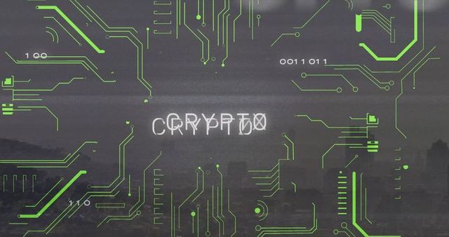 Glitchy CRYPTO Text with Neon Circuit Lines Over Cityscape