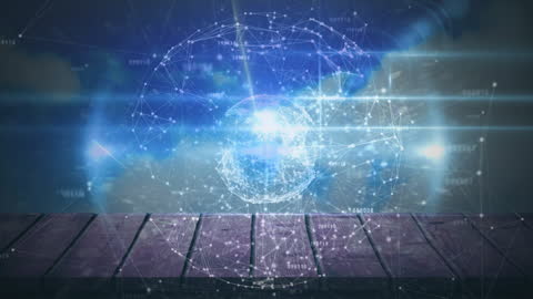 Digital Globe Network Over Wood Plank with Cloudy Sky