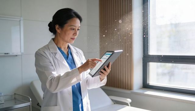 Asian female doctor reviewing electronic patient records on tablet in sunlit clinic room