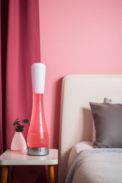 Modern bedroom scene featuring a stylish red lamp on a wooden nightstand next to a green plant in a white vase. Pink walls create a cozy and contemporary atmosphere. Ideal for designs emphasizing home decor, minimalistic living spaces, or a relaxing environment.