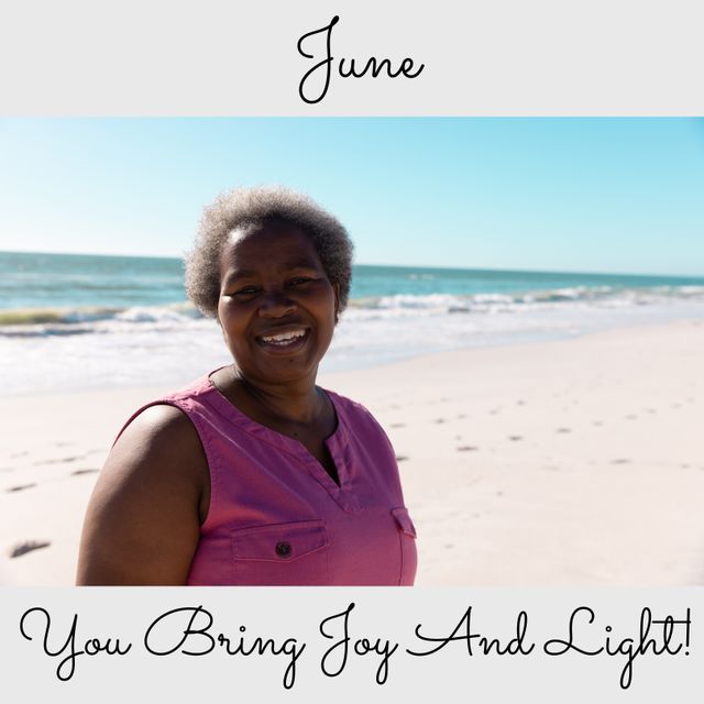 African American woman standing on beach, background of sea and sky, conveying happiness and joy. Perfect for motivational posts, calendar designs, summer-themed campaigns, social media inspiration.