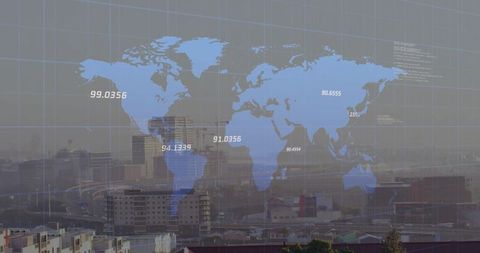Futuristic World Map Data Visualization on Urban Skyline
