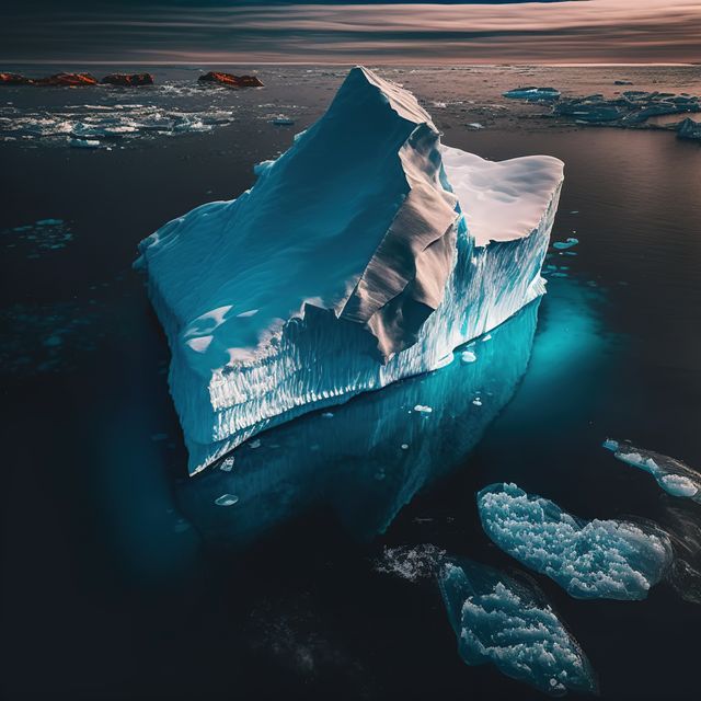 Majestic iceberg floating in cold polar ocean with dramatic sky, perfect for illustrating climate change concepts, showcasing natural beauty of polar regions, or promoting environmental awareness. Useful for travel brochures, educational content on glaciers, or backdrops for environmental documentaries.