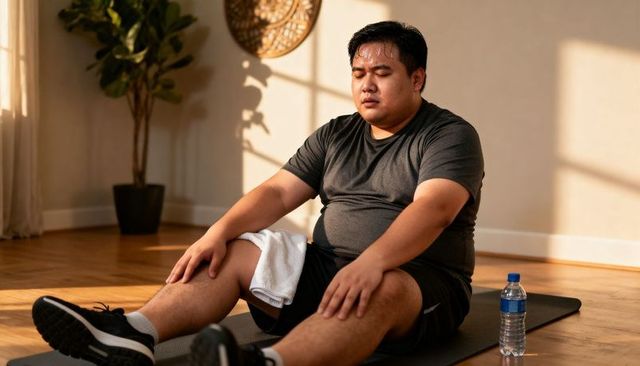Asian man resting after home workout on exercise mat with towel and water bottle