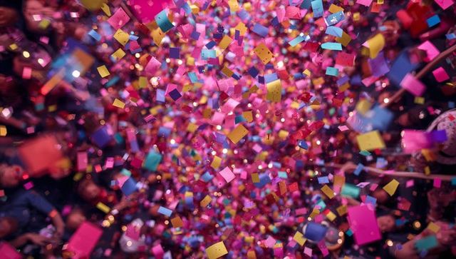 Colorburst confetti cloud filling party crowd with vibrant magenta bokeh celebration