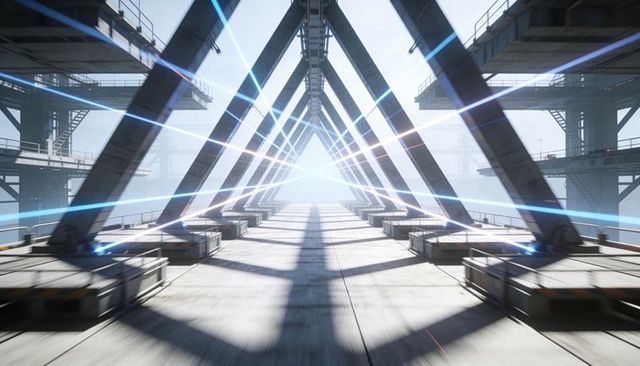 Forming futuristic industrial tunnel with triangular steel trusses and cyan laser beams