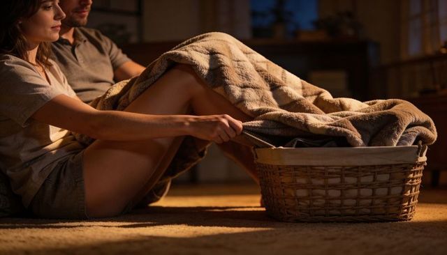 Couple cuddling under plaid fleece blanket on living room floor at night, warm amber lighting