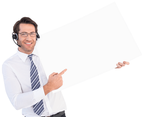 transparent background: businessman with headset presenting blank sign - Download Free Stock Videos Pikwizard.com