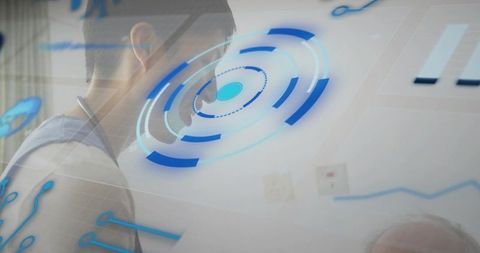 Female clinician leaning and listening to patient with holographic medical HUD interface