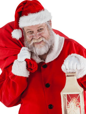 Santa Claus with Sack and Lantern on Transparent Background