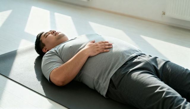 Sunlit man lying on yoga mat at home practicing deep breathing and mindful relaxation
