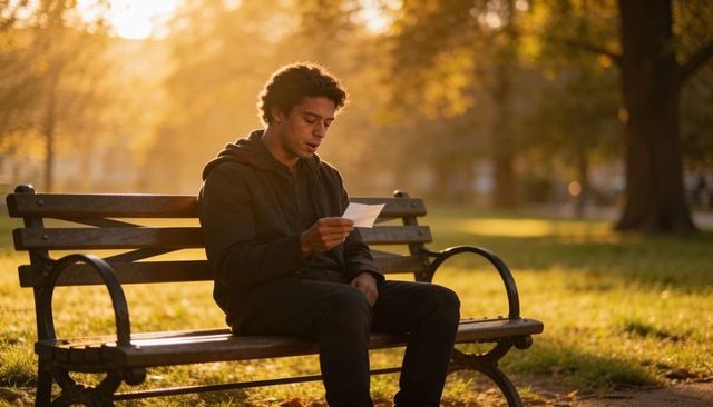 Young man reading letter on park bench during golden hour sunlight, contemplative moment