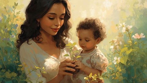 Mother and Child Nurturing Seedling with Sunlight in Garden