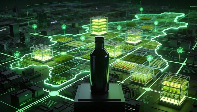 Glossy bottle reflecting neon smart-farm grid with hydroponic towers and iot sensors