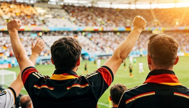 Cheering football fans raising arms in packed stadium wearing black jerseys and scarves