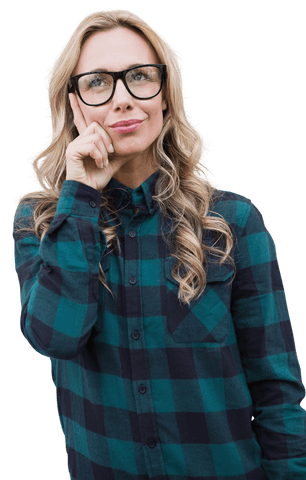 Thoughtful caucasian woman pondering decisions transparent background
