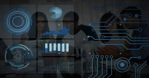 Team Collaborating Over Data Dashboards With Futuristic Blue Tech Overlay