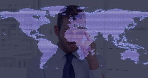 Businessman using phone with holographic world map overlay for global communication