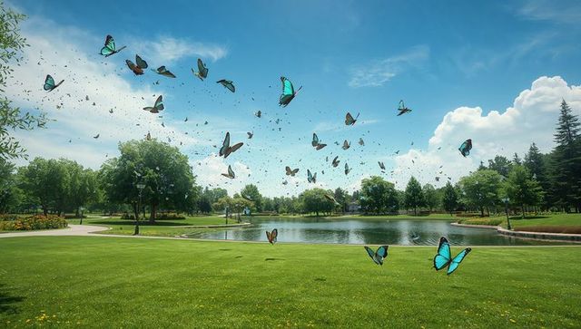 Turquoise butterfly swarm filling bright blue sky over park pond and lush green lawn