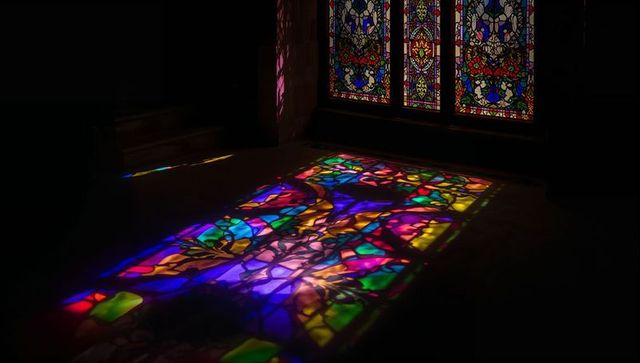 Colorful light patterns casting from stained glass in dim chapel