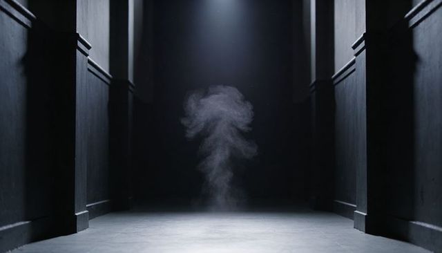 Floating gray smoke plume rising in dim cinematic corridor under single spotlight
