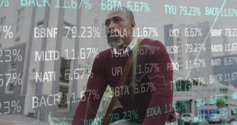 Senior Man Bicycling Amidst Stock Market Data Projections