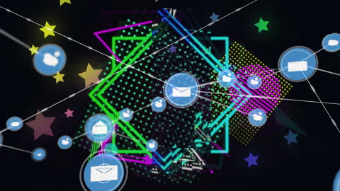 Digital Network Connections with Neon Shapes on Black