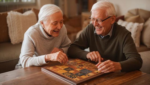 Senior couple enjoying board game night, laughing together in cozy home interior