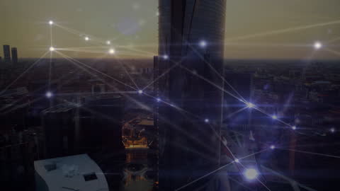 Digital Network Connections Overlay on Modern Urban Skyline