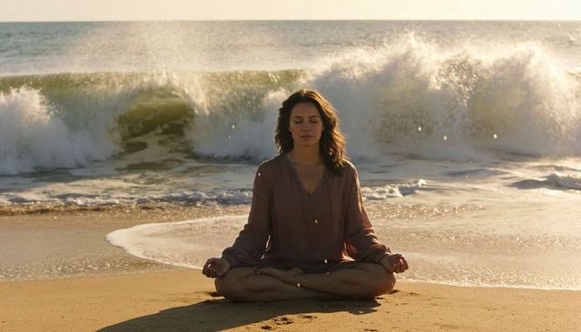 Woman meditating on sunlit beach at golden hour with breaking waves and calm presence
