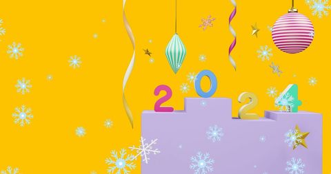 Colorful 2024 numbers with christmas ornament background