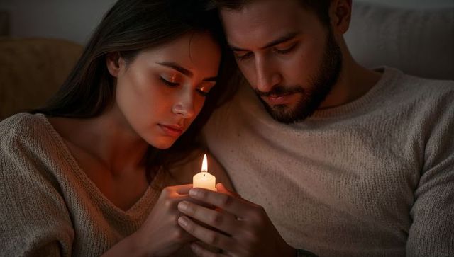 Couple sharing candlelight moment on couch wearing knit sweaters, warm intimate glow