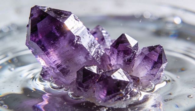 Shimmering amethyst crystal cluster resting on water with droplets and ripples