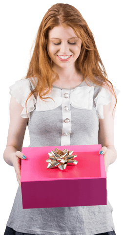 Woman holding gift box with golden bow on transparent background