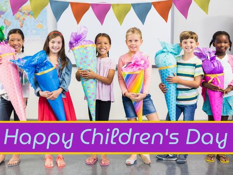 Diverse children celebrating happy children's day with colorful gifts