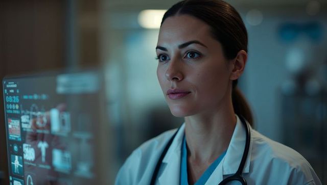 Female physician examining transparent digital medical display with stethoscope