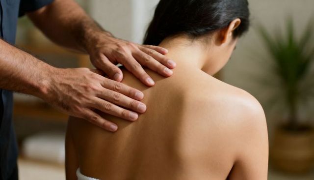 Therapist hands giving relaxing upper-back massage to female client in spa