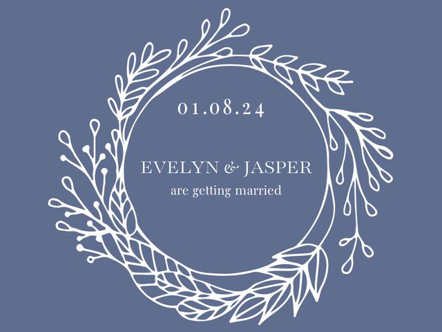This elegant wedding announcement card features a stylish floral wreath design on a blue background. It can be used for inviting guests to a wedding or engagement party, serving as a save-the-date card, or as part of a wedding invitation suite. Ideal for couples looking for a minimalist and sophisticated way to share their special news with friends and family.