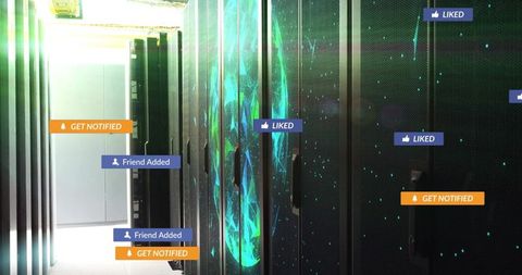 Futuristic data center with interactive network visuals and notifications