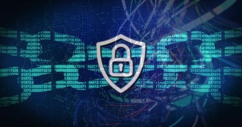 Protecting data with glowing shield and padlock over neon code matrix and network mesh