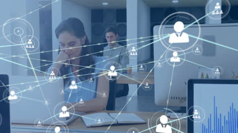 Business Professionals in Office with Digital Network Connections