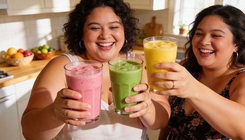 Two women clinking colorful smoothies in sunlit kitchen celebrating healthy lifestyle