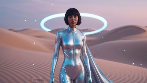 Futuristic explorer in reflective suit with neon halo and desert scenery