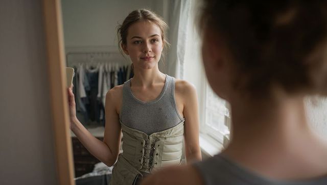 Young woman checking mirror while trying on beige corset over grey tank in bedroom